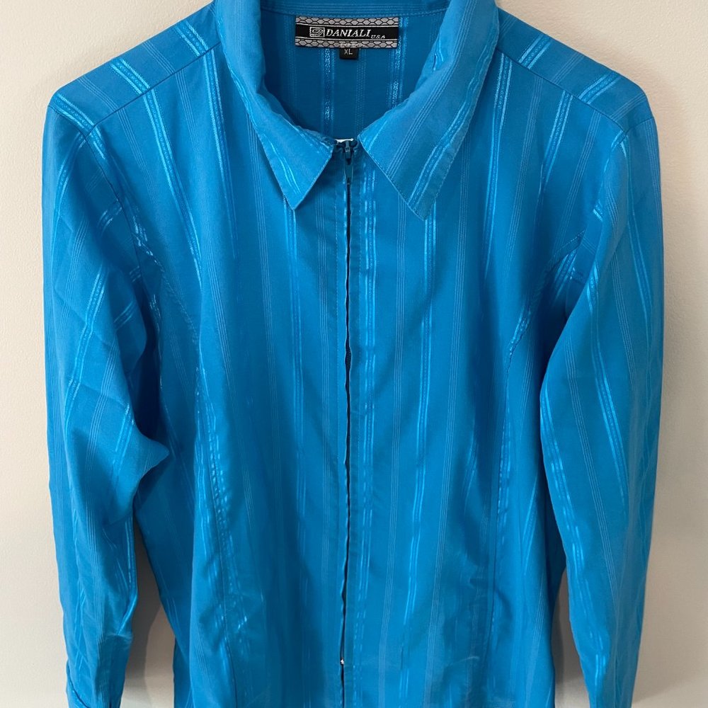 Daniali women’s XL aqua teal L/S zip-front shimmery striped blouse top - Picture 8 of 16